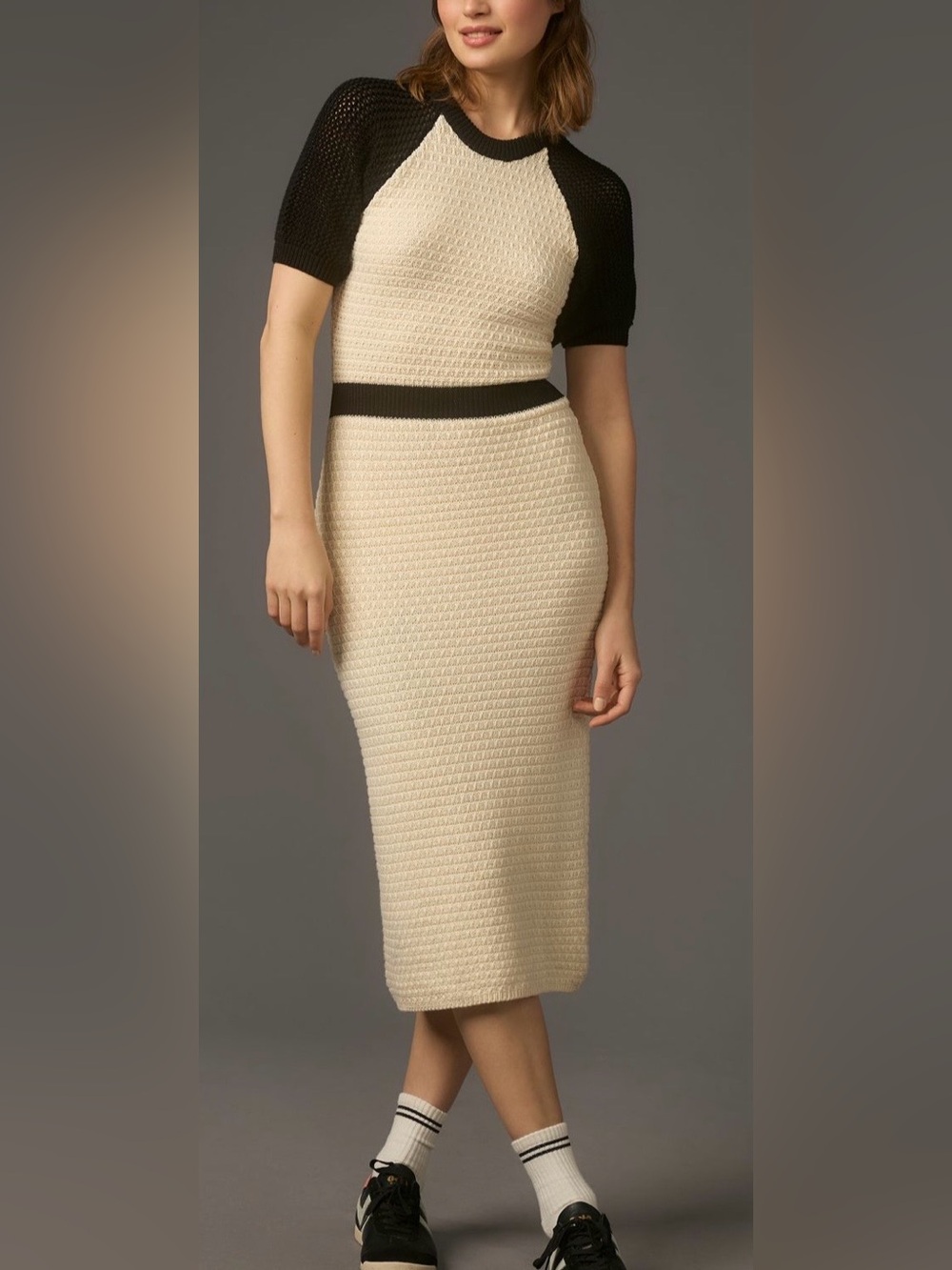 Anthropologie Daily Practice Crochet-Style Black-Cream Midi Sweater Dress Large